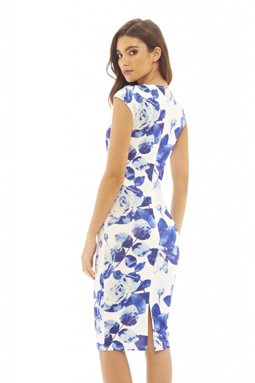 Kikodress - Rose Printed V Neck Midi Dress