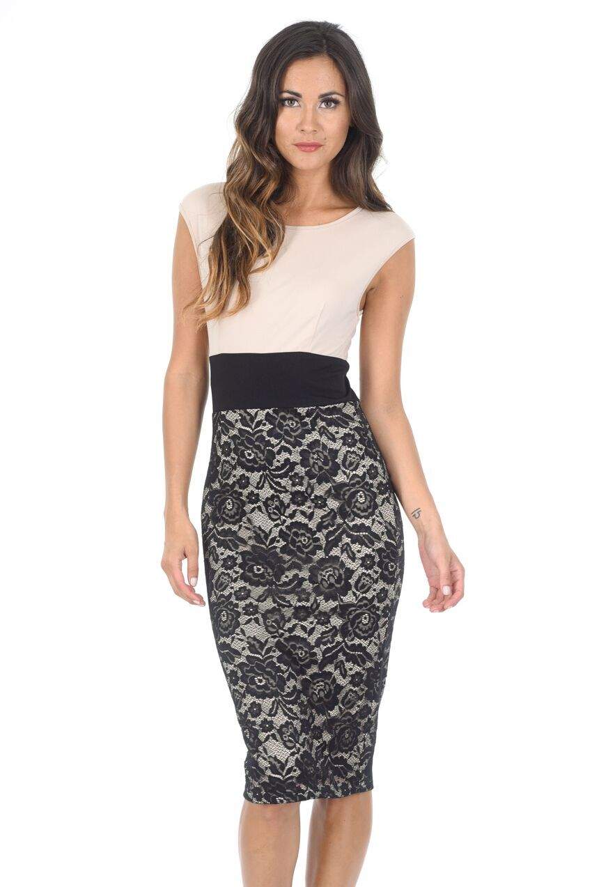 Kikodress - Nude and Black 2 in 1 Midi Dress