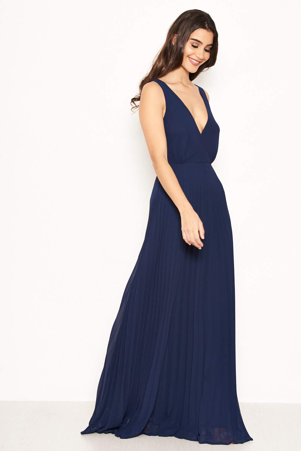 Kikodress - Navy Pleated Maxi Dress With Lace Straps
