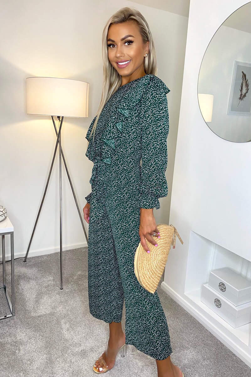 Kikodress - Forest Green Printed Frill Front Tie Jumpsuit