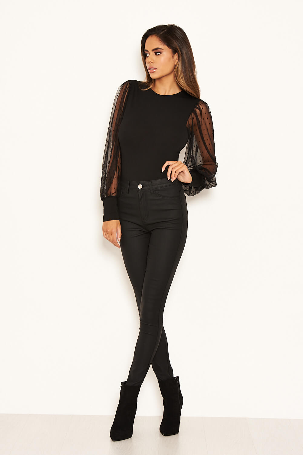 Kikodress - Black Dobby Mesh Long Sleeve Bodysuit