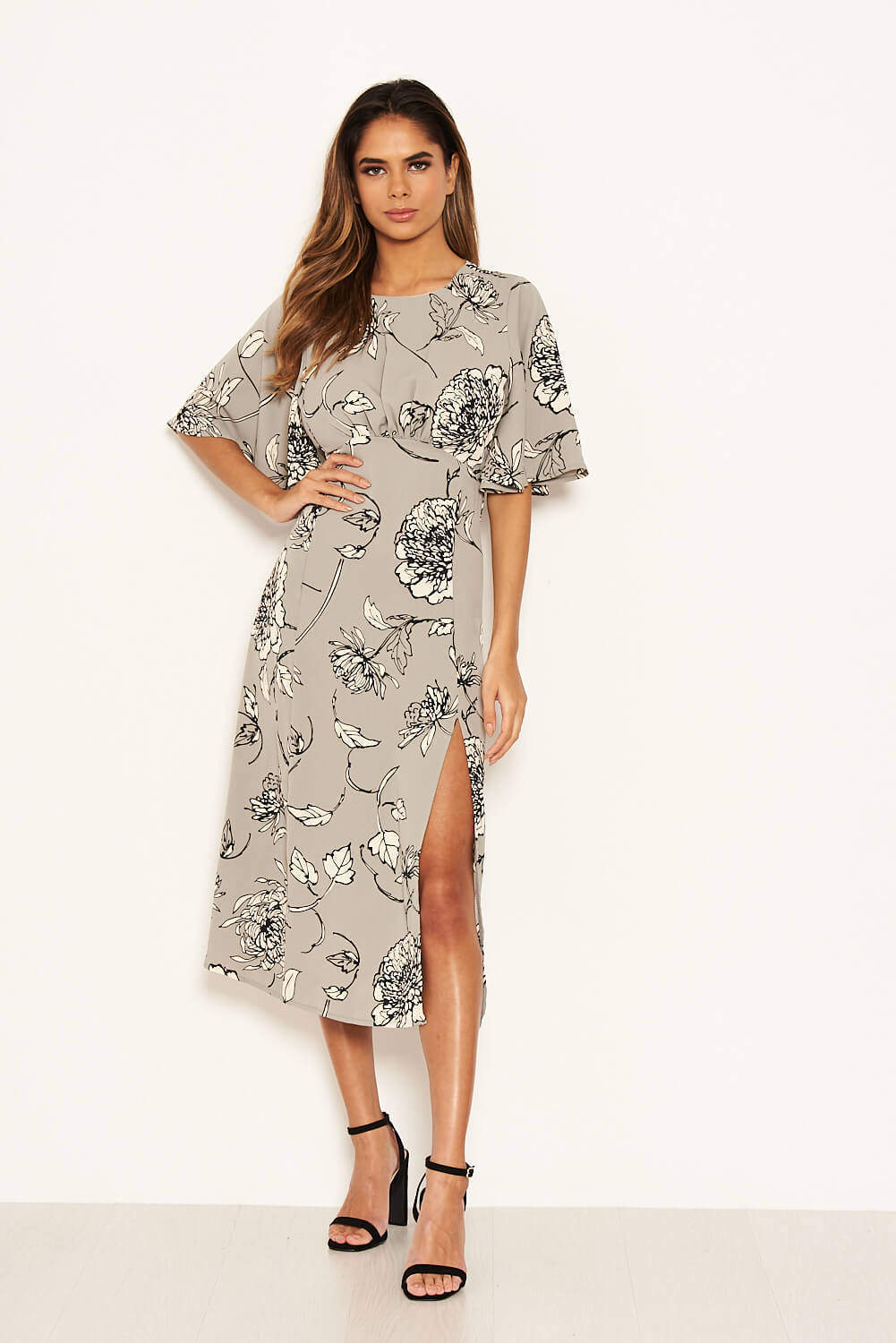 Kikodress - Grey Floral Gathered Split Midi Dress