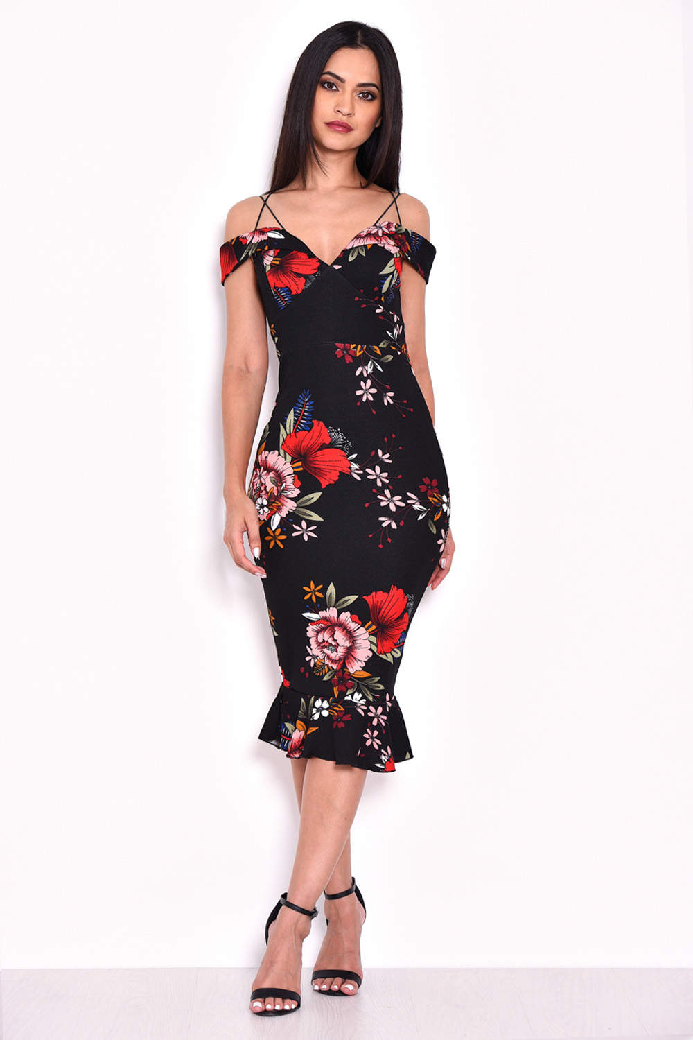 Kikodress - Black Floral Fishtail Midi Dress