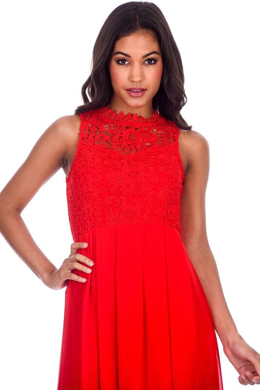 Kikodress - Red High Neck Crochet Maxi Dress