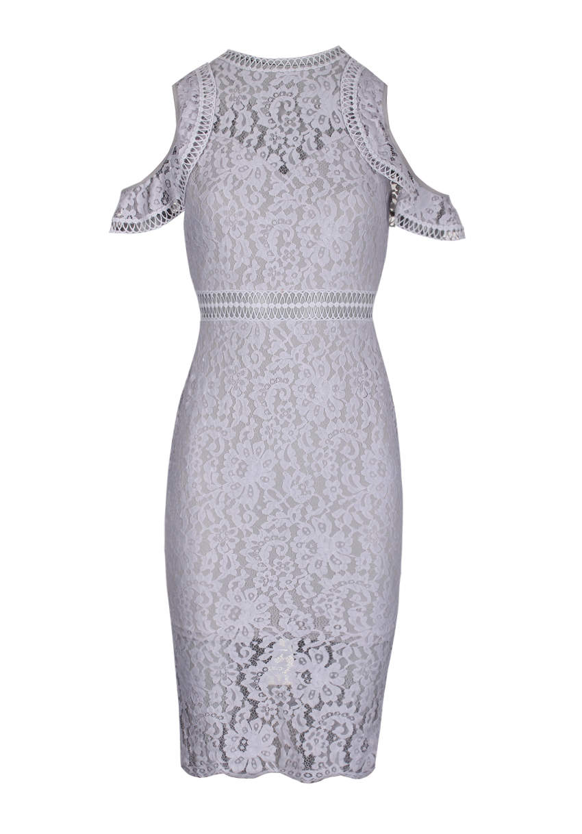 Kikodress - Grey Lace Cold Shoulder Midi Dress