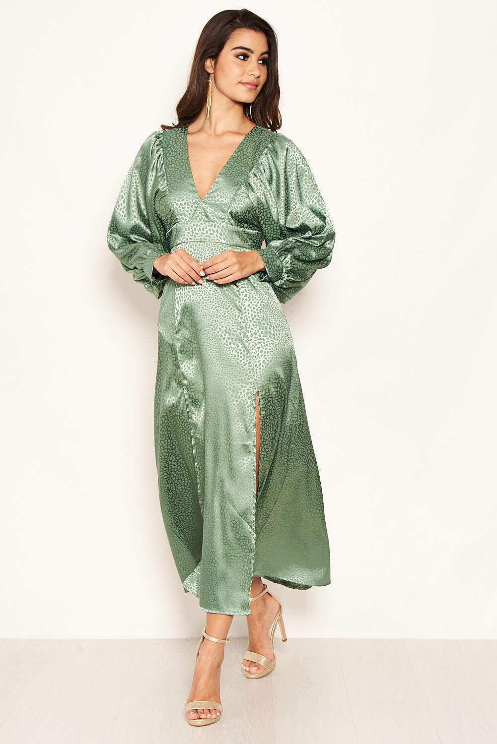 Kikodress - Duck Egg Satin Printed Maxi Dress with Front Splits