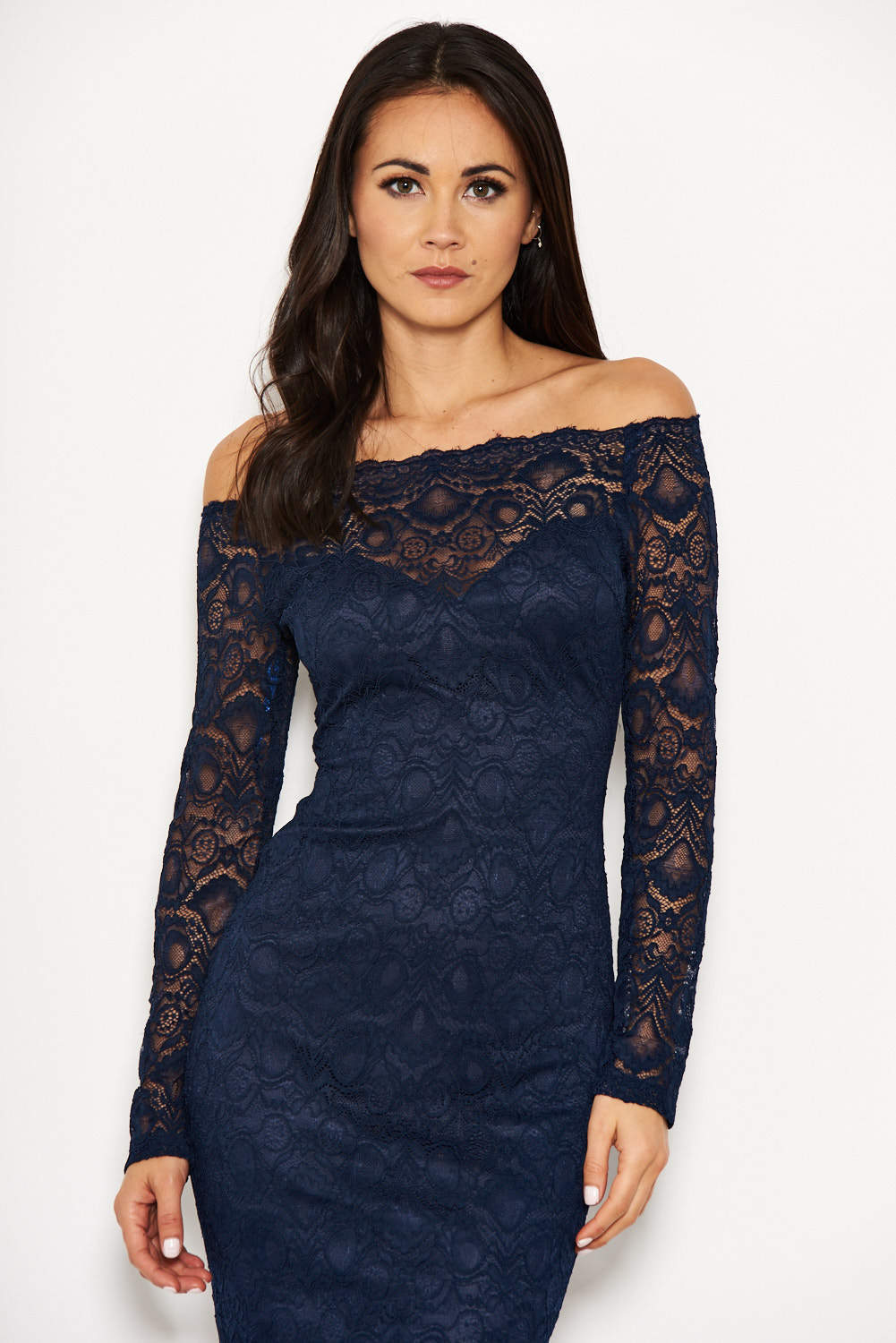 Kikodress - Navy Lace Off The Shoulder Midi Dress