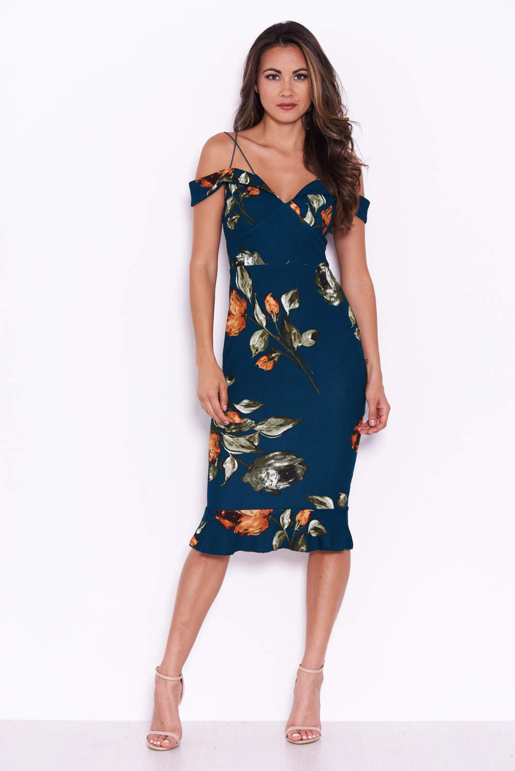 Kikodress - Teal Floral Off The Shoulder Dress With Frill Detail
