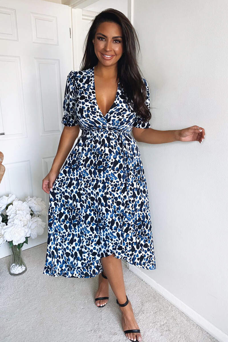 Kikodress - Blue Printed Wrap Tie Midi Dress