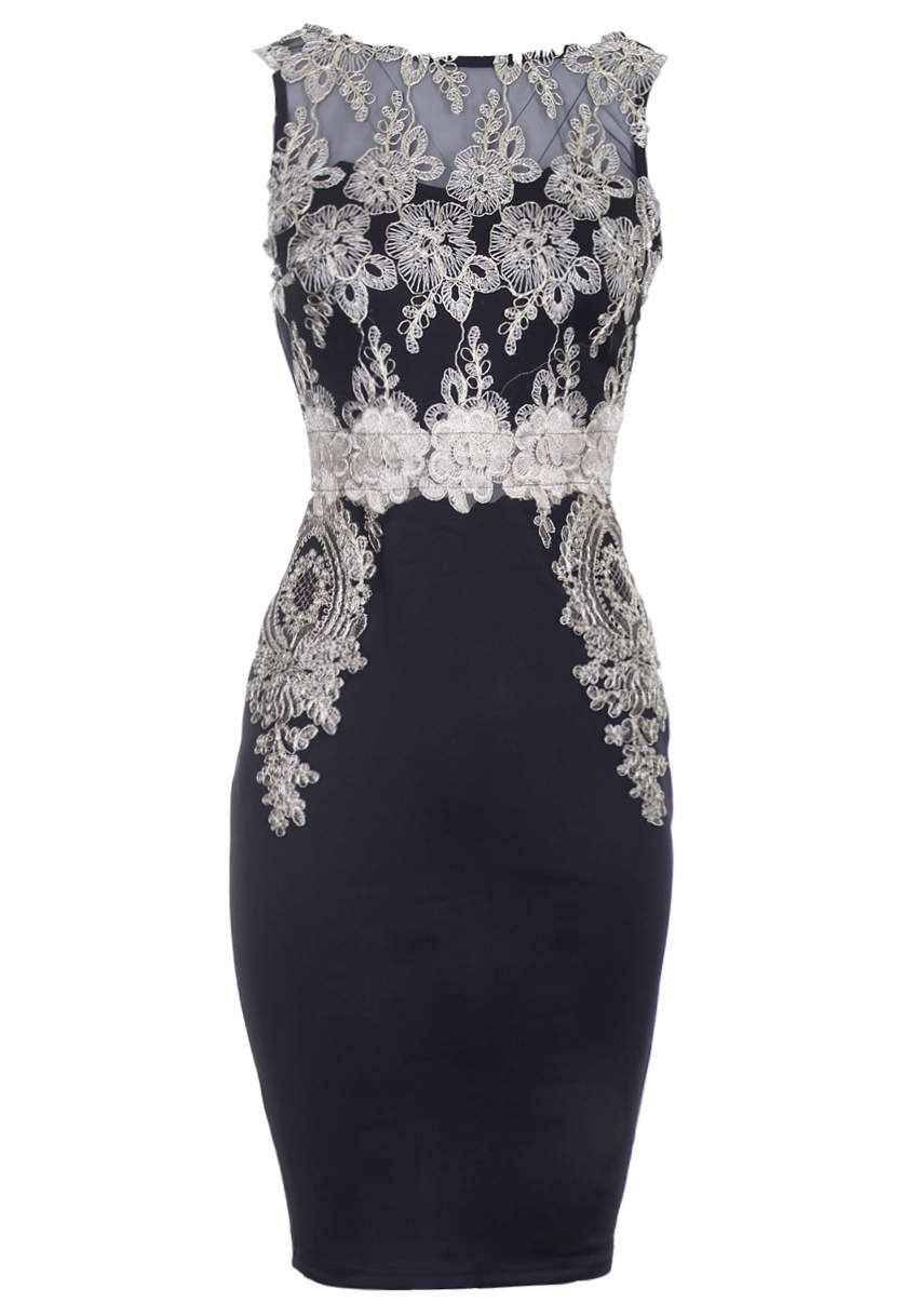 Kikodress - Black Gold Lace Midi Dress