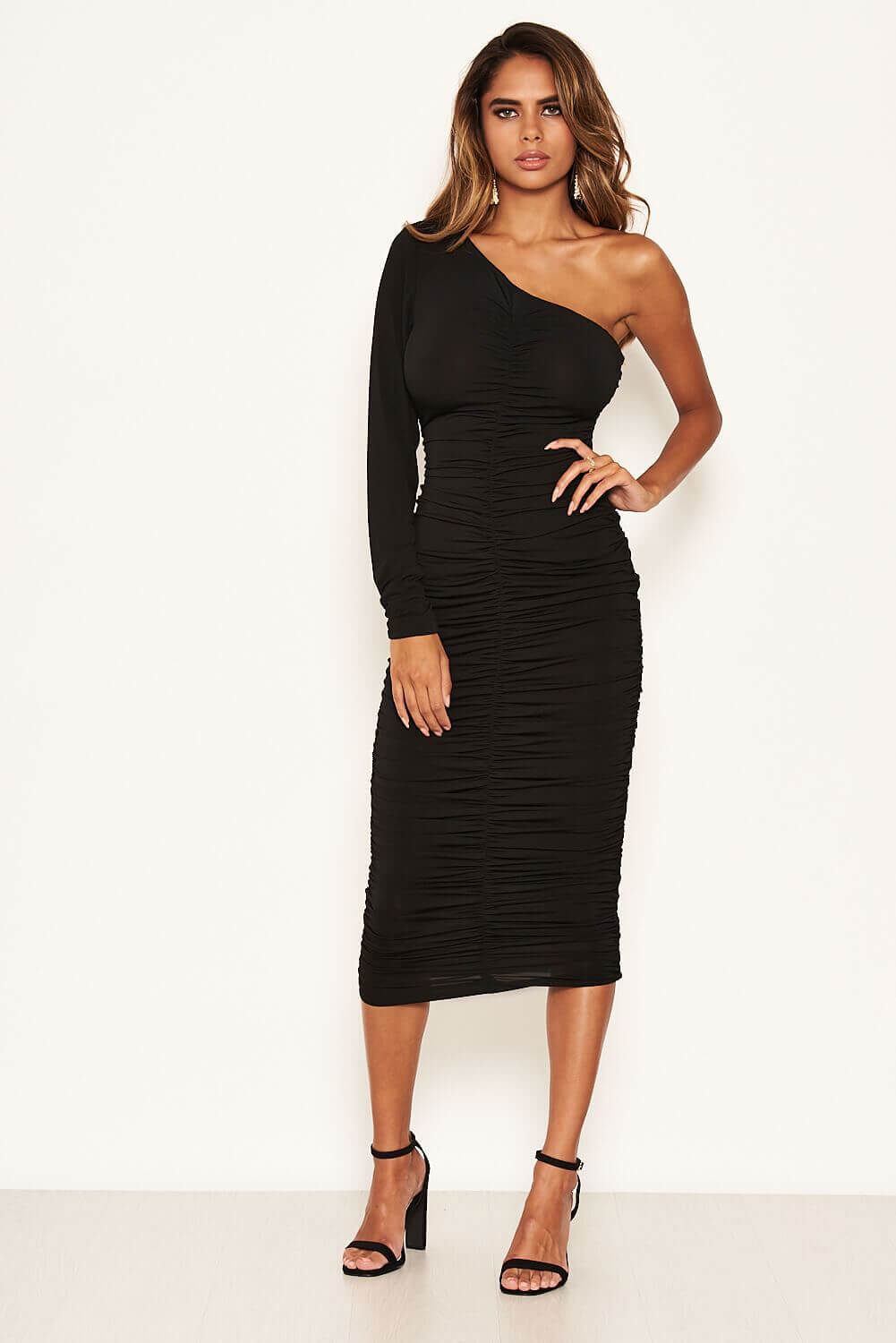 Kikodress - Black One Shoulder Ruched Dress