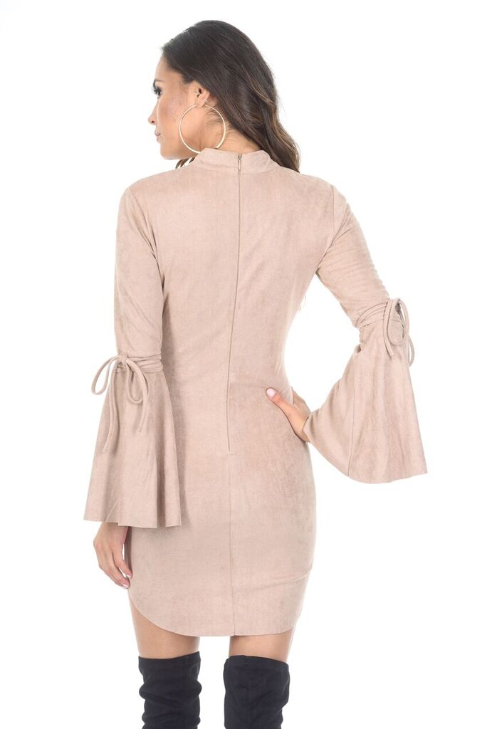 Kikodress - Stone Faux Suede Flare Sleeve Dress
