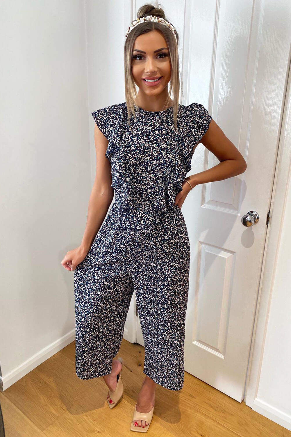 Kikodress - Navy Floral Frill Front Jumpsuit