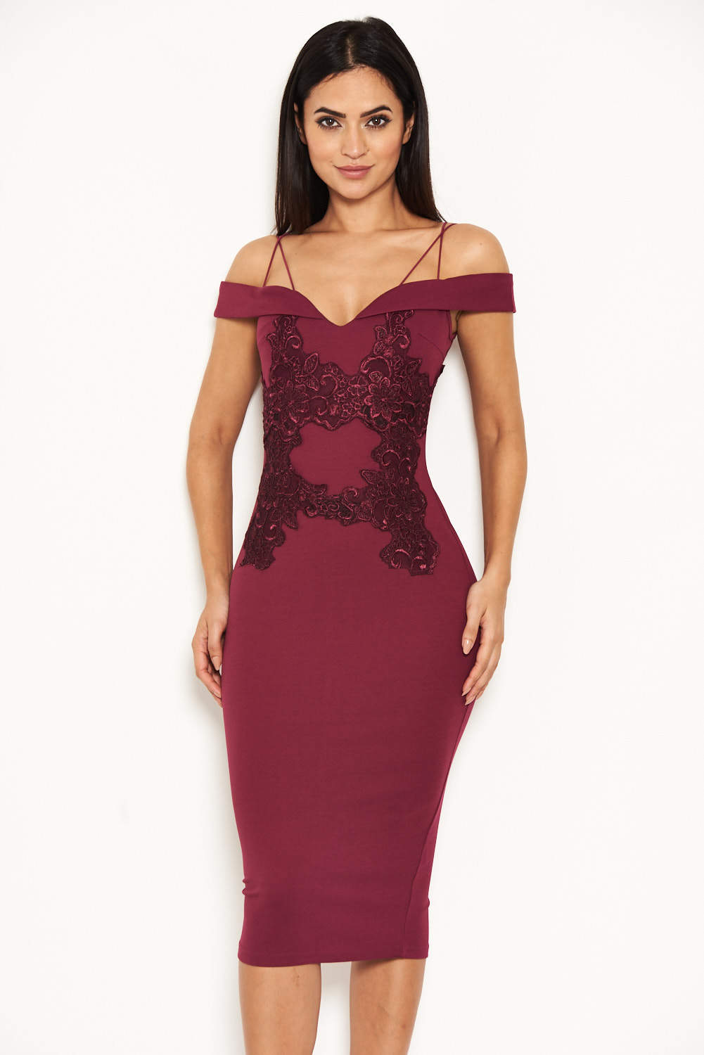 Kikodress - Plum Off The Shoulder Lace Midi Dress With Delicate Straps