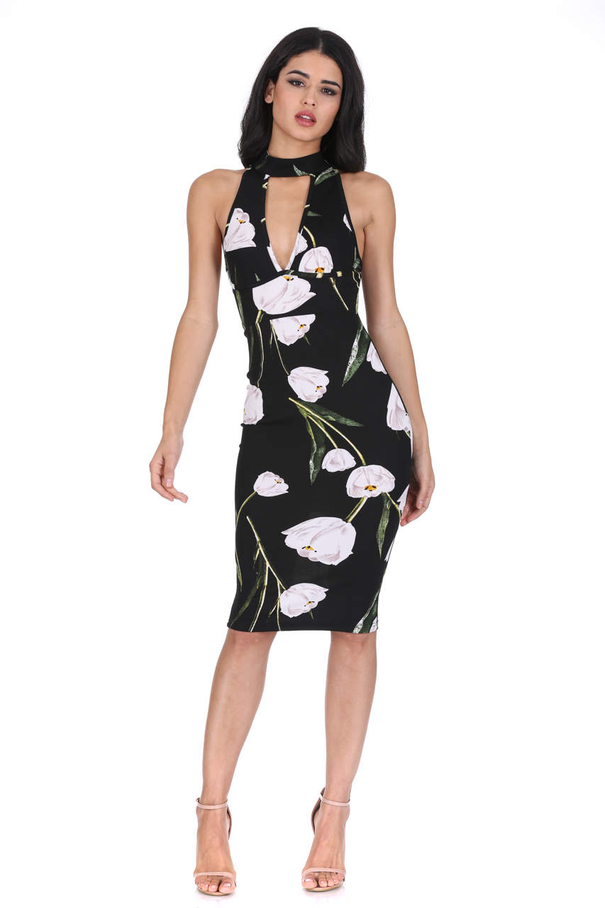 Kikodress - Black Choker Floral Midi Dress