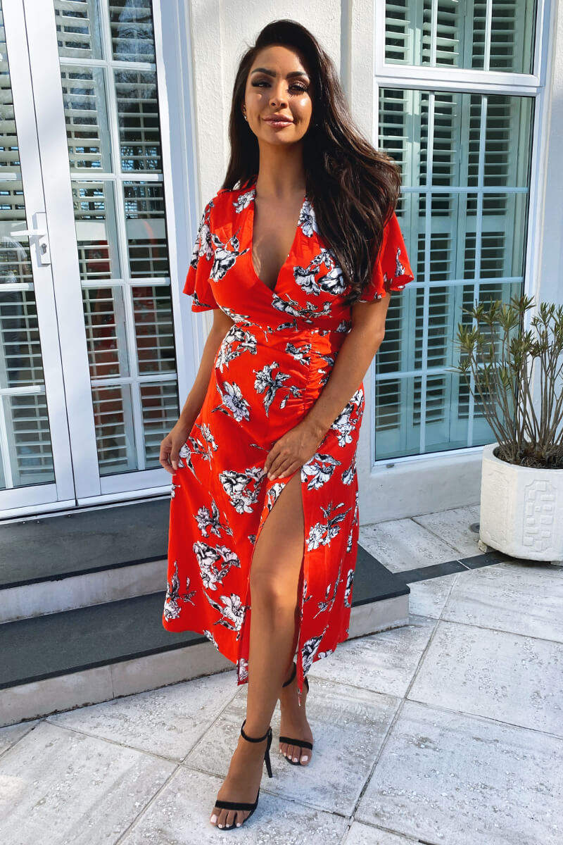 Kikodress - Red Floral Print Bell Sleeve Midi Dress