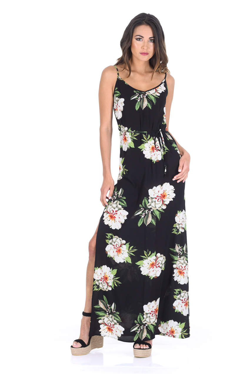 Kikodress - Black Floral Print Split Maxi Dress