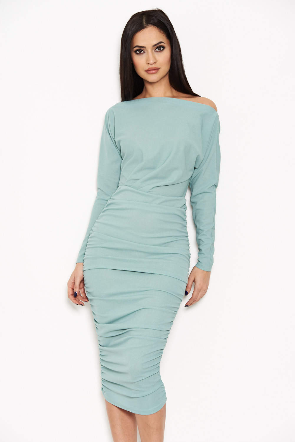 Kikodress - Duck Egg Off Shoulder Ruched Dress