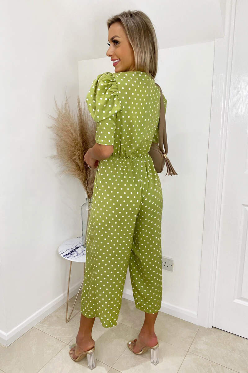Kikodress - Olive Polka Dot Puff Sleeve Jumpsuit