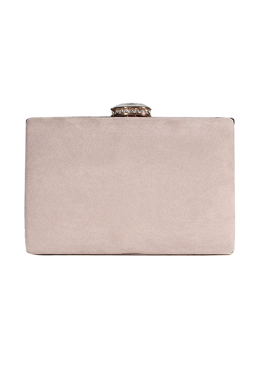 Kikodress - Nude Suede Box Clutch With A Jewel Clasp