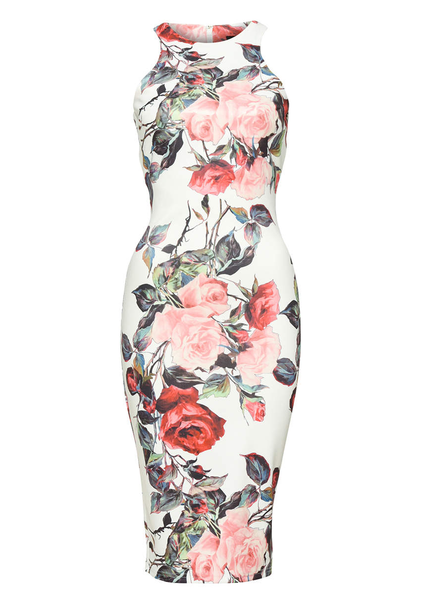 Kikodress - Sleeveless Bodycon Midi Dress with Rose Print