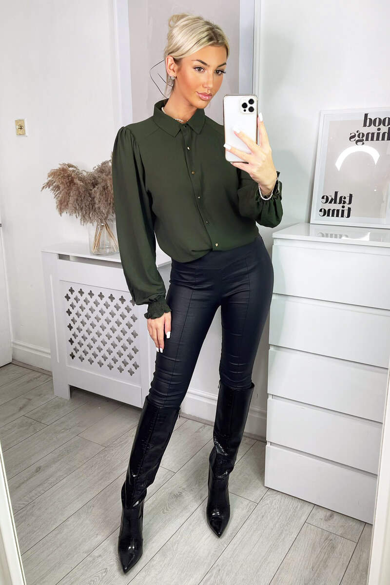 Kikodress - Olive Gold Button Up Elasticated Cuff Shirt