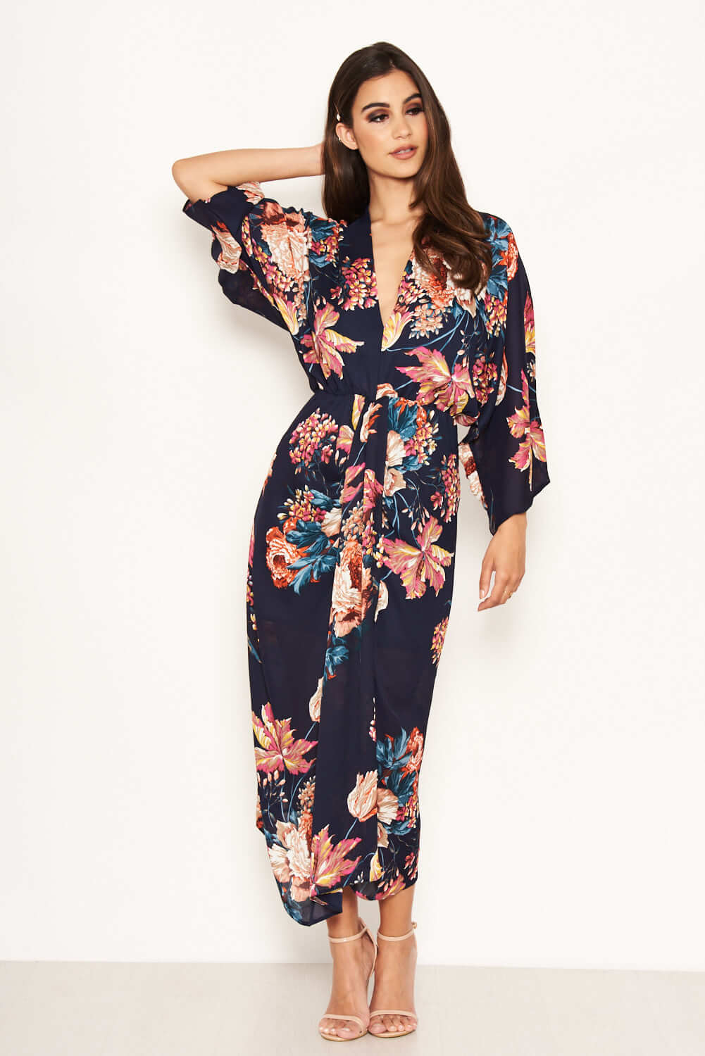 Kikodress - Navy Floral Kimono Sleeve Maxi Dress