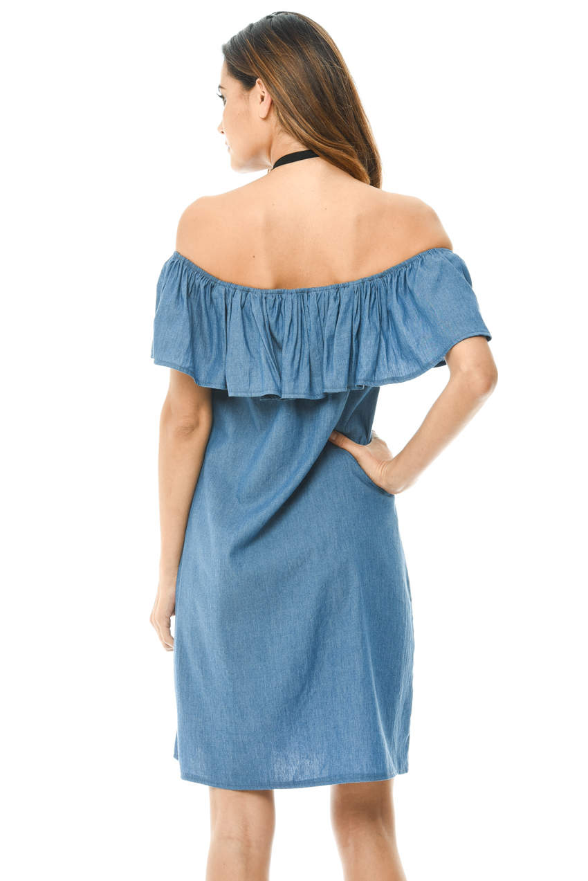 Kikodress - Blue Denim Dress Off Shoulder Frill Feature