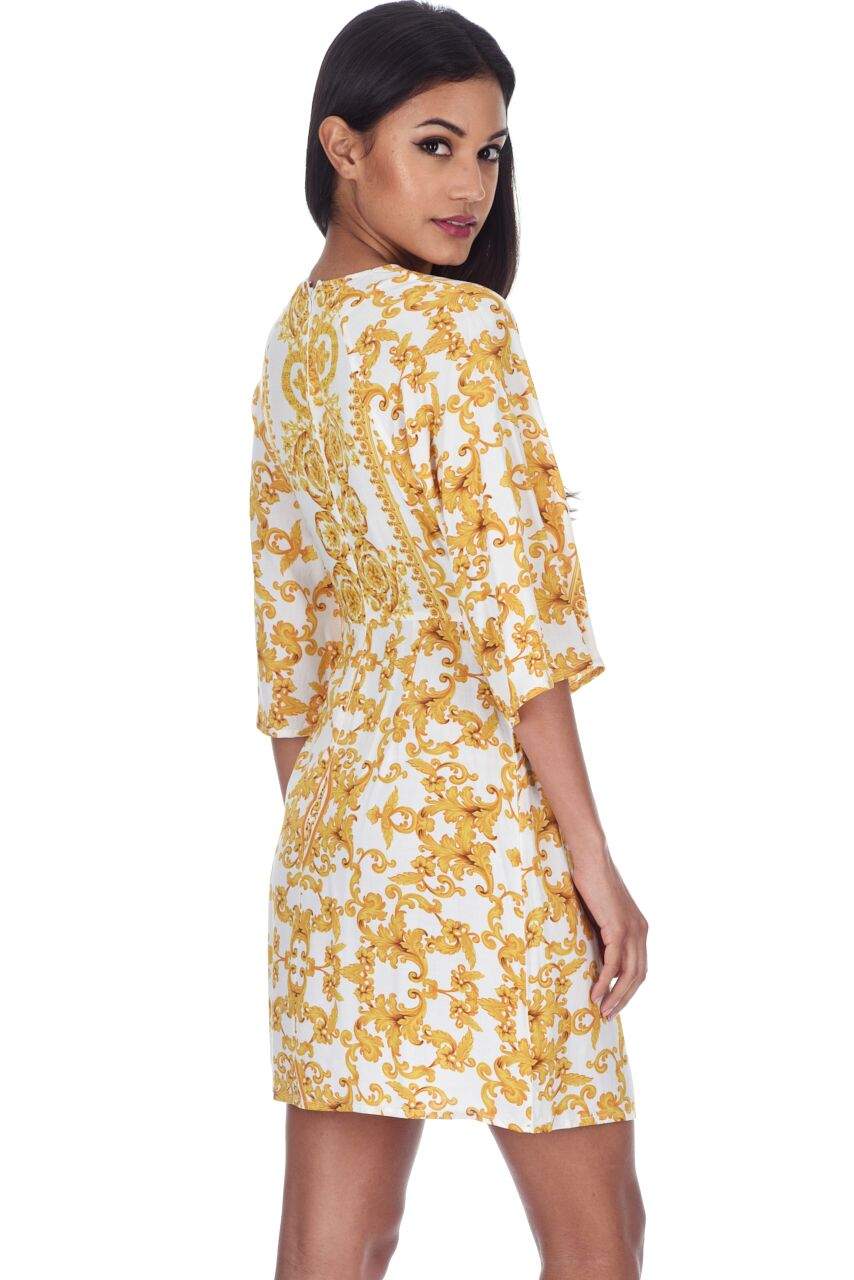 Kikodress - White And Gold Patterned Shift Dress With Flared Sleeves