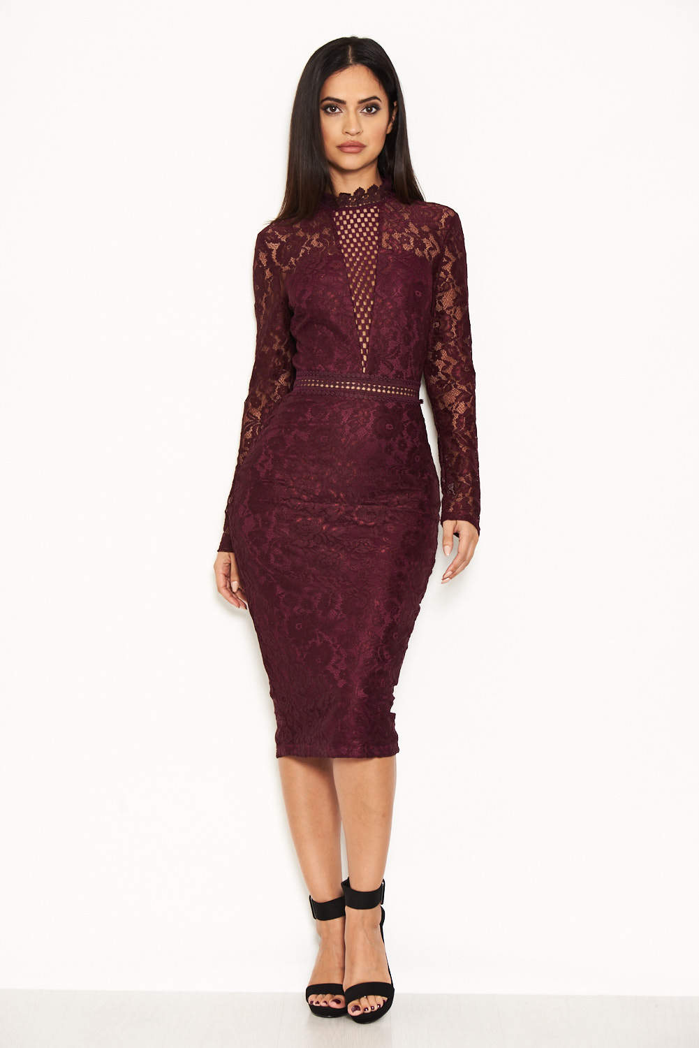 Kikodress - Plum High Neck Lace Dress With Frill Hem