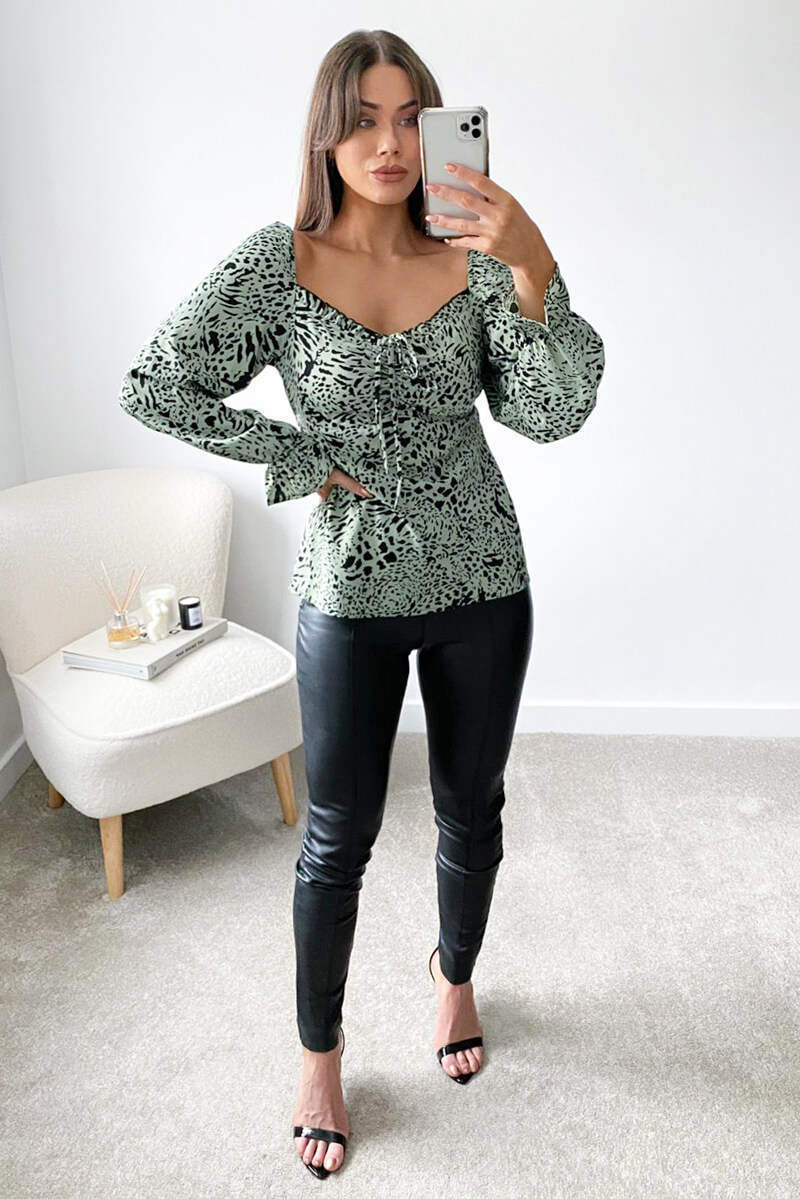 Kikodress - Mint Animal Printed Milkmaid Top