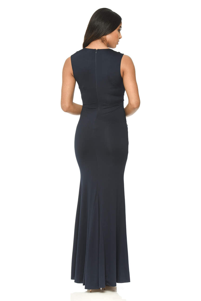 Kikodress - Navy Floor Length Fitted Dress With Lace Detail