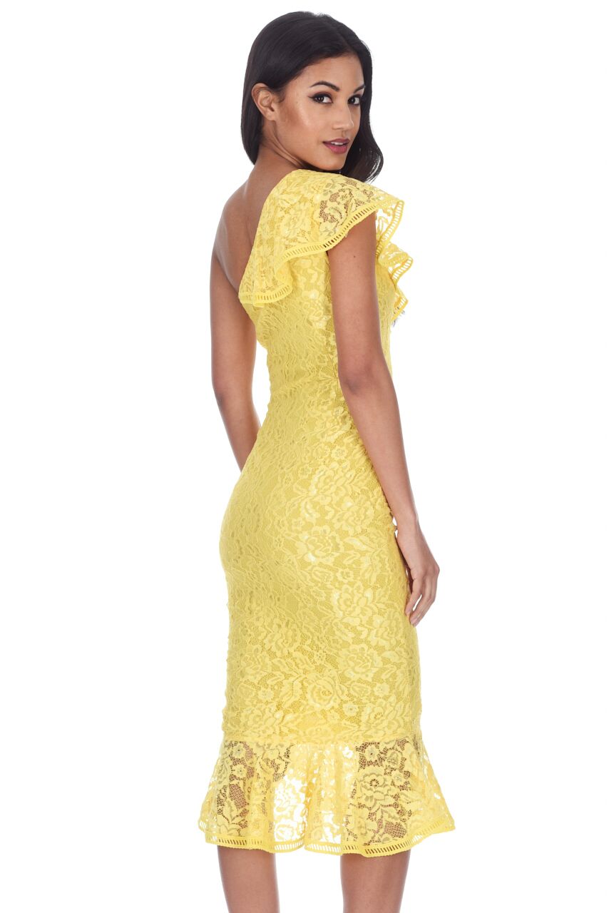 Kikodress - Yellow Lace One Shoulder Frill Detail Midi Dress