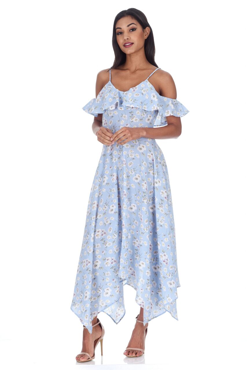 Kikodress - Blue Floral Cut Out Shoulder Dress