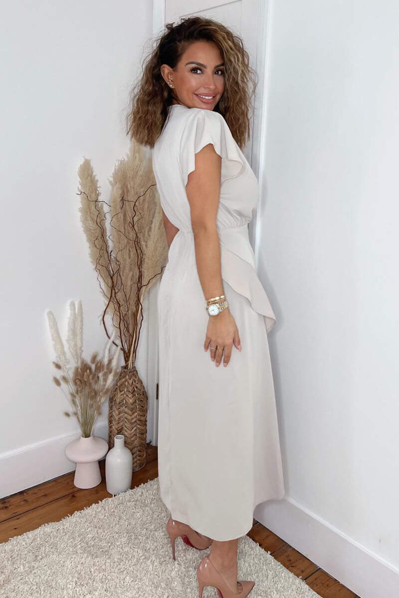 Kikodress - Stone Frill Detail Double Split Skirt Midi Dress