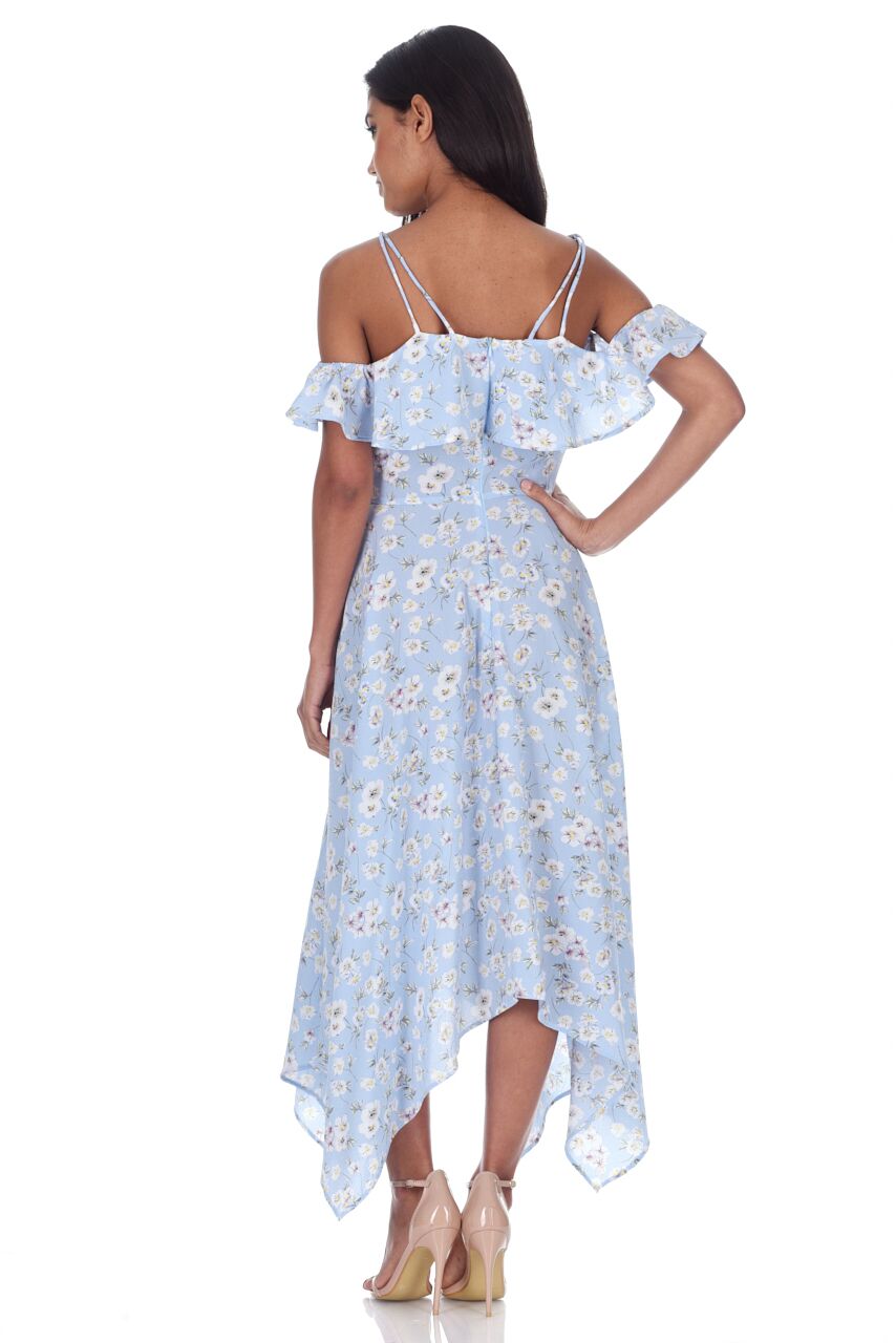 Kikodress - Blue Floral Cut Out Shoulder Dress