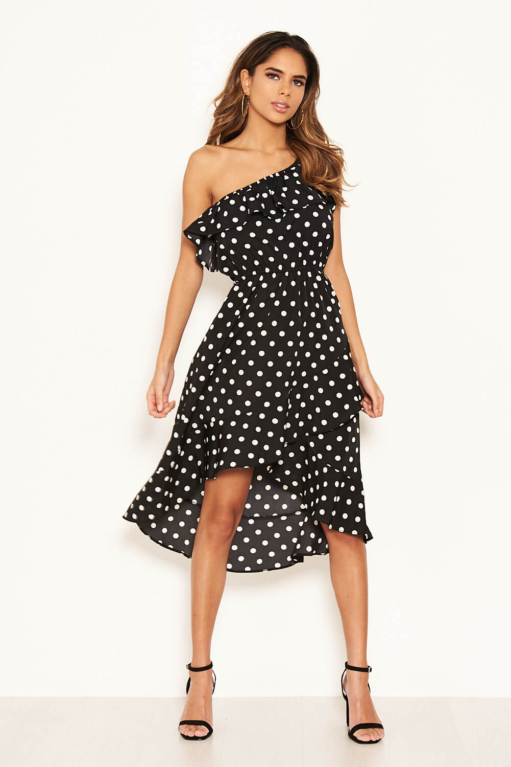 Kikodress - Black Polka Dot One Shoulder Frill Dress
