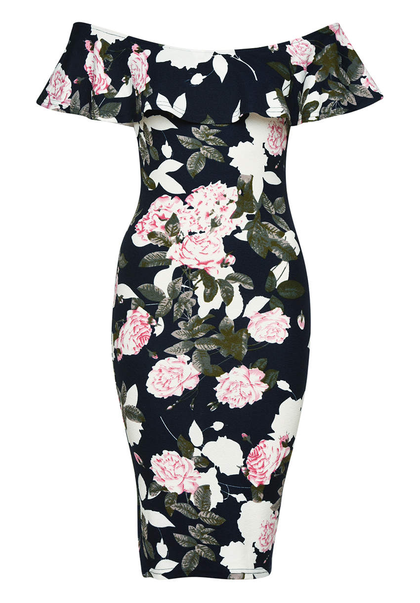 Kikodress - Navy Printed Floral Bardot Midi Dress