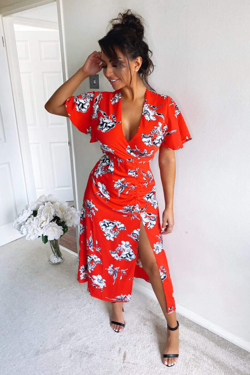 Kikodress - Red Floral Print Bell Sleeve Midi Dress