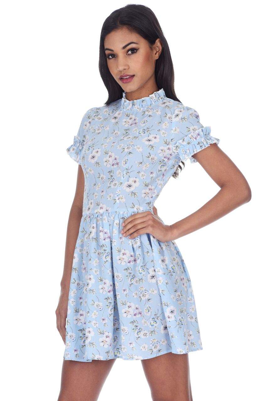 Kikodress - Blue Floral Frill Detail Mini Dress