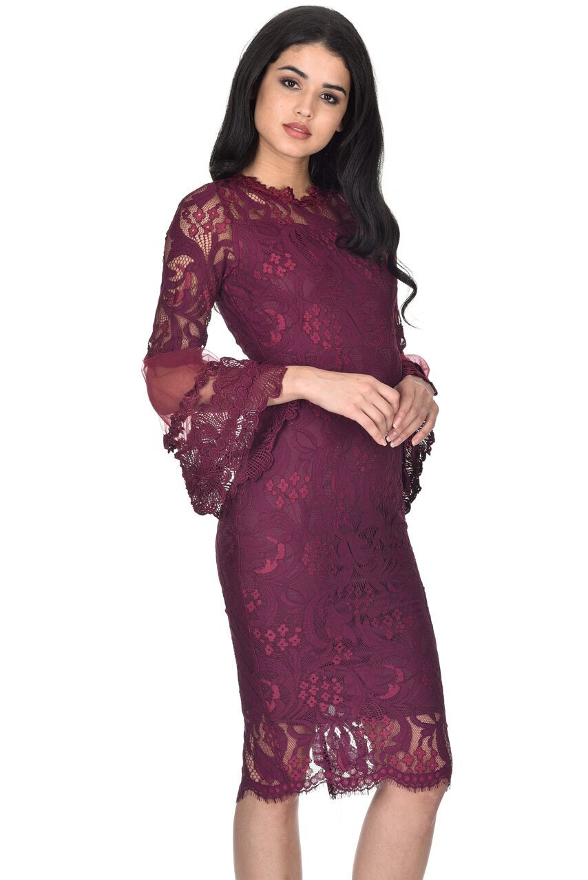 Kikodress - Plum Lace Frill Sleeve Midi Dress