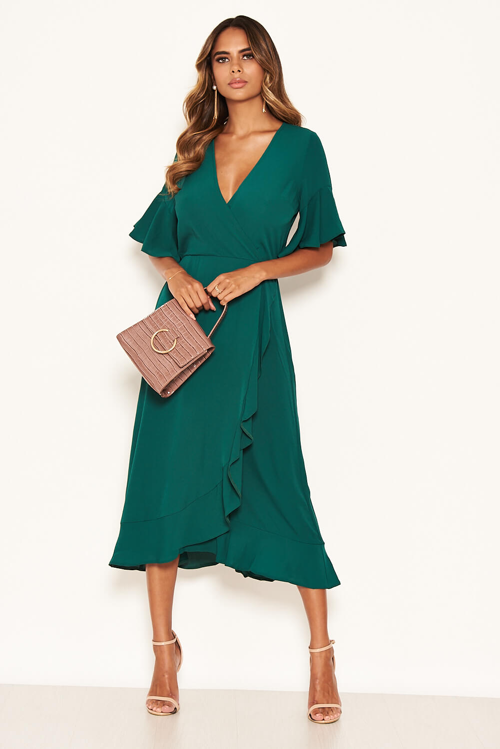 Kikodress - Teal Midi Dress With Frill Hem And Sleeves