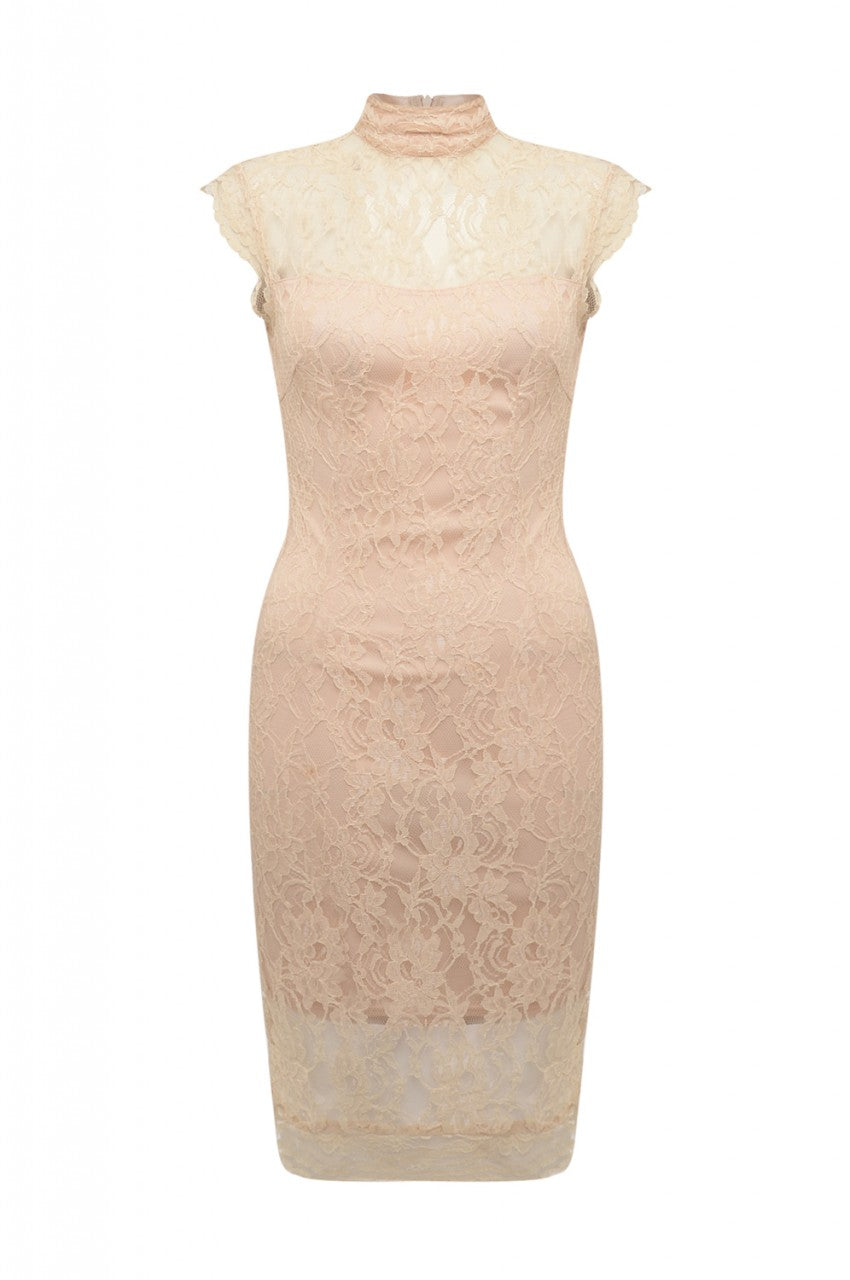 Kikodress - Nude Midi Dress with High Necked Lace Detail