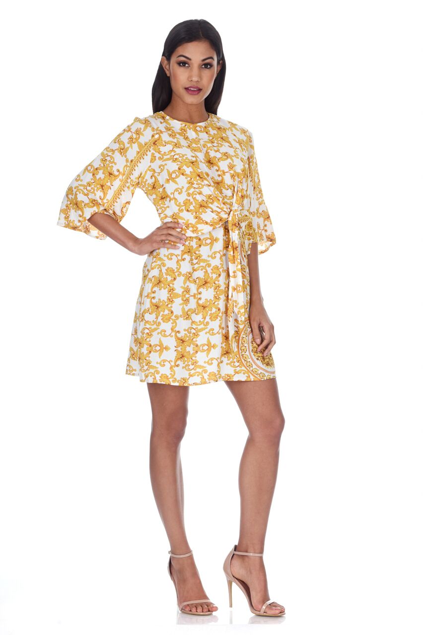 Kikodress - White And Gold Patterned Shift Dress With Flared Sleeves