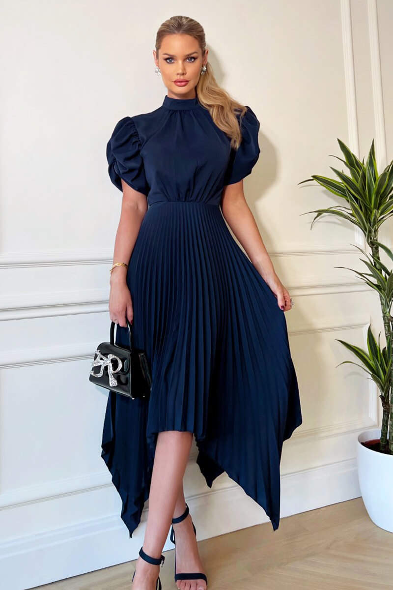 Kikodress - Navy High Neck Puff Sleeve Zig Zag Hem Pleated Midi Dress