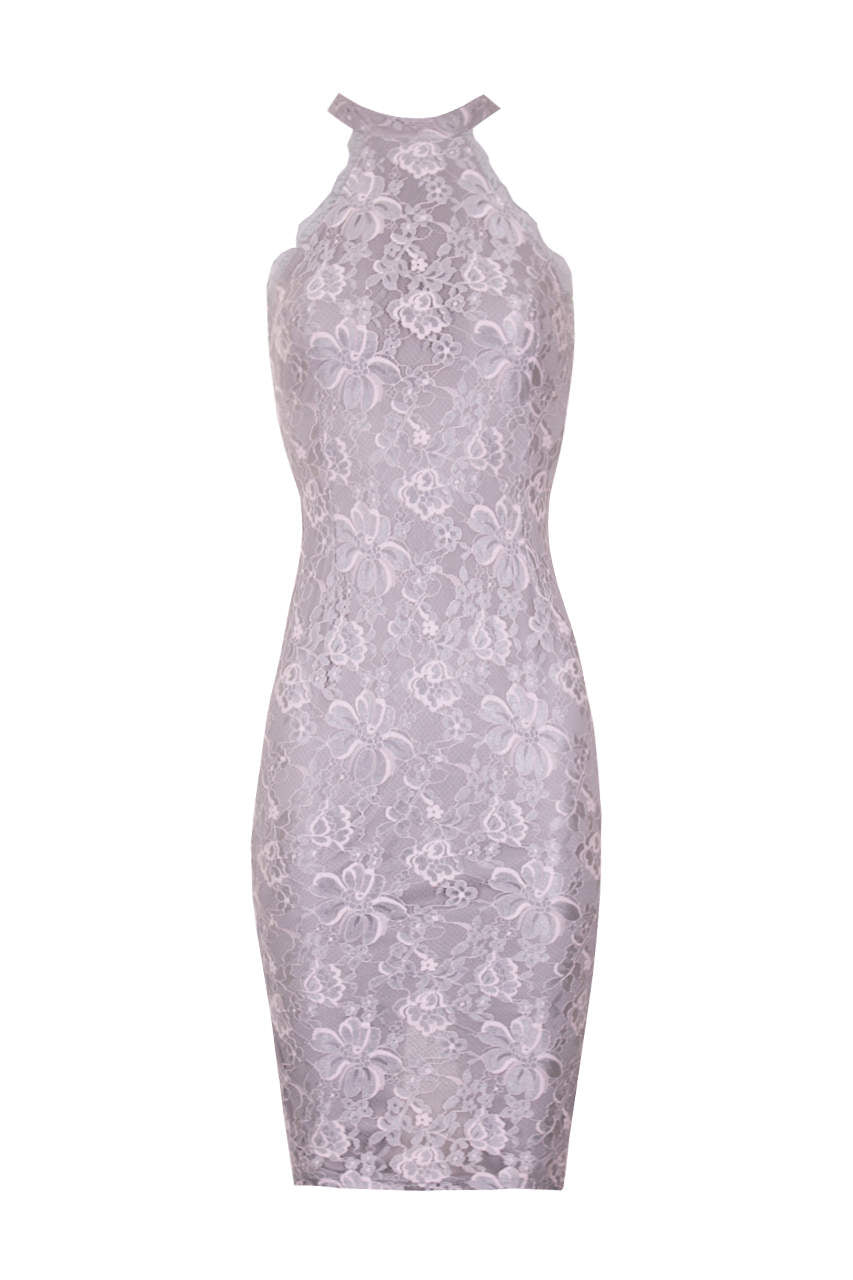 Kikodress - Grey Lace Cut In Neck Midi Dress