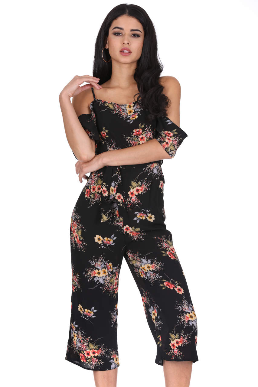 Kikodress - Black Floral Cold Shoulder Jumpsuit
