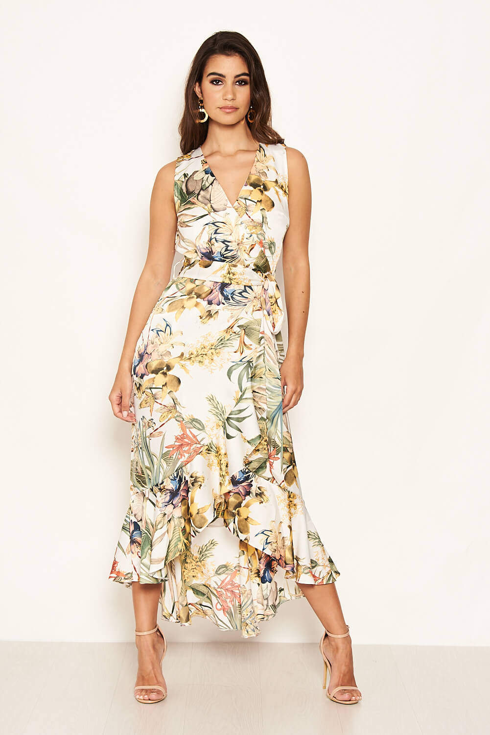 Kikodress - Cream Floral Sleeveless Maxi Dress with Belt