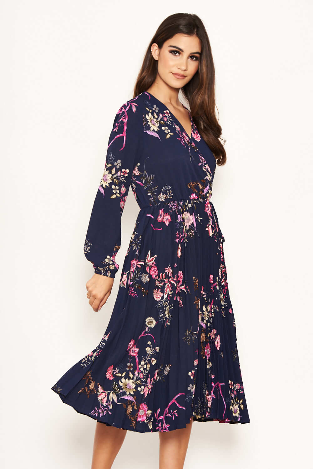 Kikodress - Navy Floral Pleated Dress