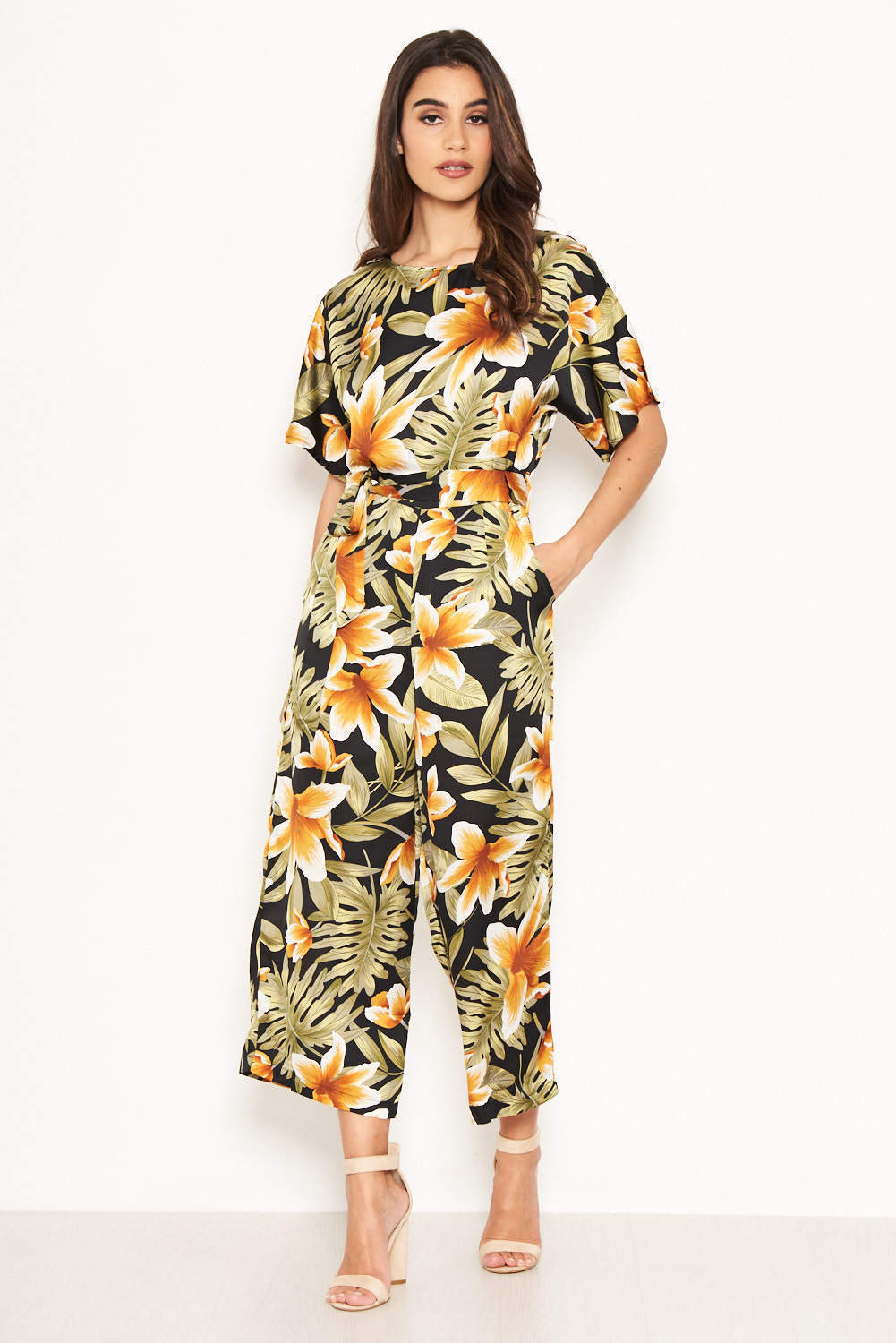 Kikodress - Tropical Print Belted Jumpsuit